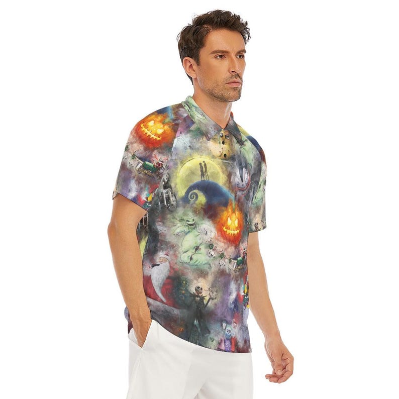 Aquarela O Estranho Mundo de Jack - Camisa masculina abotoada, shorts, polo e camiseta inspirada na Disney nos tamanhos XS–8XL (nova edição global) 2. Men's Polo Shirt