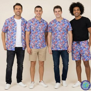 May include: Four people modelling different outfits. Three are wearing shirts and shorts with a blue, purple, and orange floral pattern. One is wearing a black t-shirt and matching floral shorts. All are wearing white trainers.