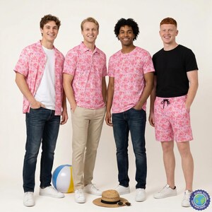 May include: A pink short-sleeved button-down shirt with a watermelon pattern worn over a white t-shirt, a pink polo shirt with a watermelon pattern, a pink t-shirt with a watermelon pattern, and pink shorts with a watermelon pattern and a drawstring.