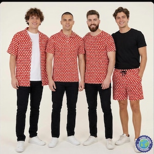 May include: Four outfits featuring a red and white repeating Mickey Mouse head pattern. The collection includes a short-sleeve button-down shirt, a polo shirt, a crew-neck t-shirt, and a pair of drawstring shorts, all paired with black trousers.