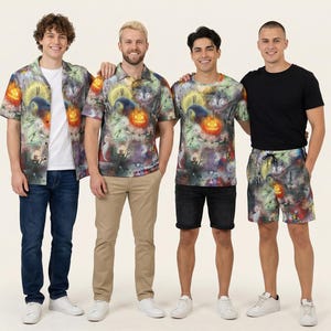 Four young men standing side by side, all wearing colorful, patterned shirts and shorts.