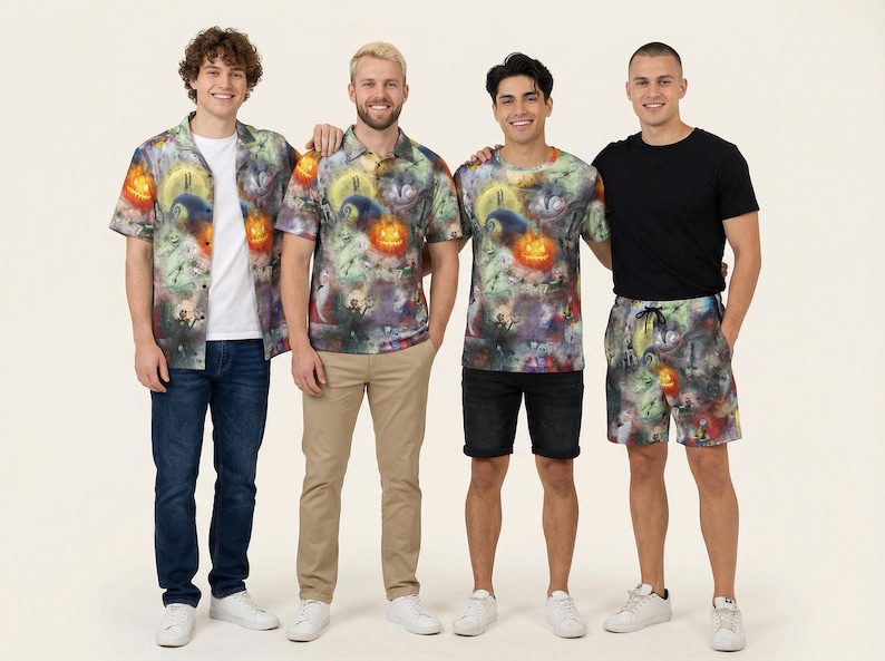 Four young men standing side by side, all wearing colorful, patterned shirts and shorts.
