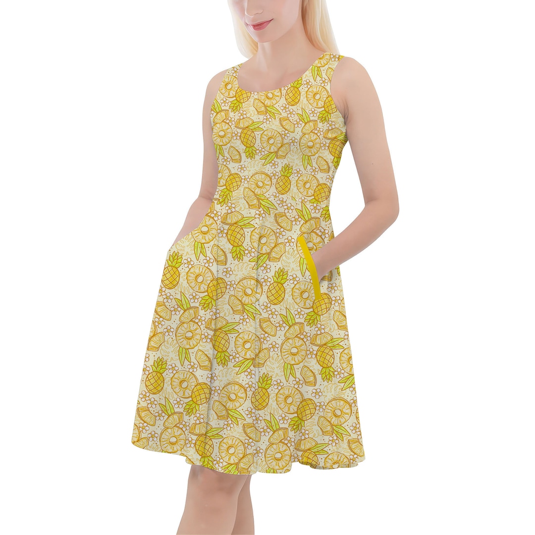 Summer Fruits Pineapple Handdrawn Art Skater Dress With Pockets in Xs