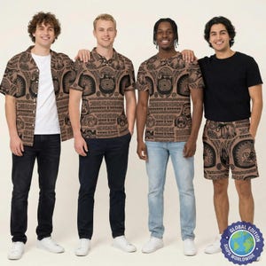 May include: Four individuals wearing clothing with a brown and black tribal-inspired pattern. The garments include a short-sleeve button-down shirt, a polo shirt, a crew-neck t-shirt, and shorts. The clothing features intricate geometric motifs.