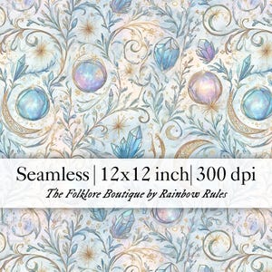 Könnte beinhalten: Nahtloses Muster mit einem himmlischen Design, das Kristalle, Monde und Kugeln in Blau-, Gold- und Lilatönen zeigt. Das Muster misst 30,48 x 30,48 cm. Der Text unten lautet "The Folklore Boutique by Rainbow Rules".