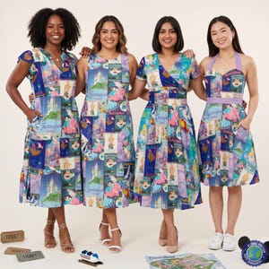 May include: Four dresses featuring a colourful collage print of Fantasyland attractions, castles, and characters. The dresses include various necklines such as V-neck, sleeveless, and halter styles, all showcasing a vibrant, multi-patterned fabric design.