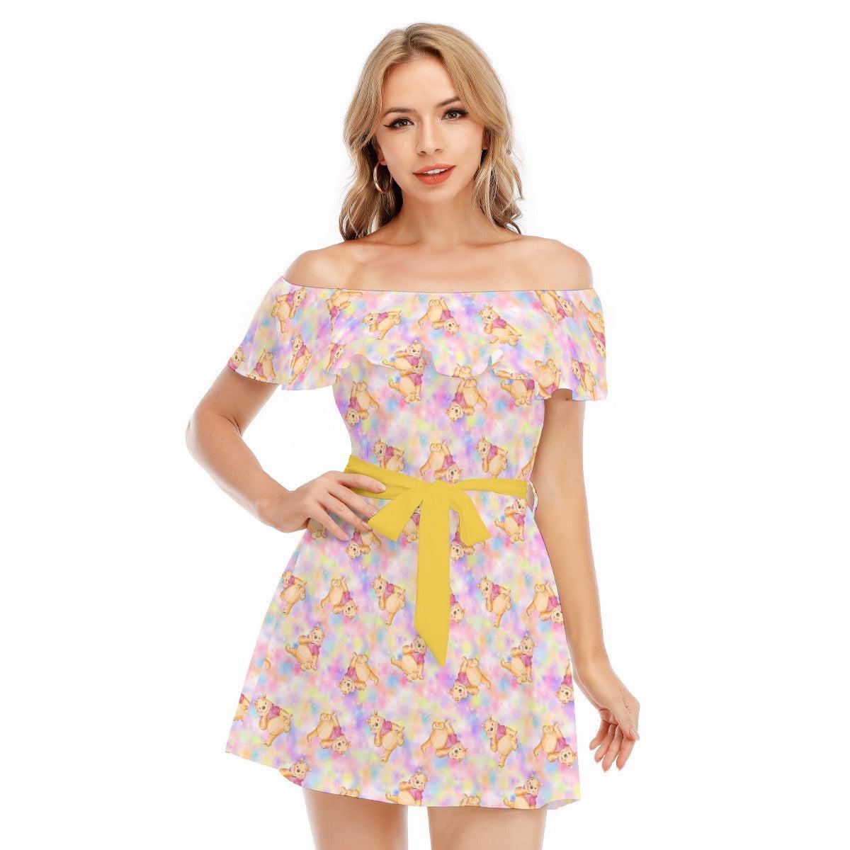 Discover Watercolor Pooh Bear - Disney Inspired Summer Off-shoulder Ruffle Dress, Mother's Day Gift