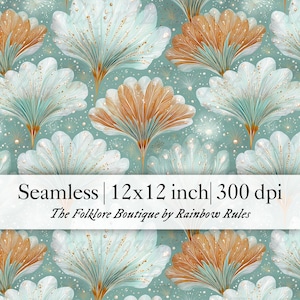 Puede incluir: Patrón sin costuras con diseños florales estilizados en blanco, turquesa y dorado sobre un fondo turquesa. El diseño incluye el texto "Seamless | 12x12 inch | 300 dpi" y "The Folklore Boutique by Rainbow Rules".