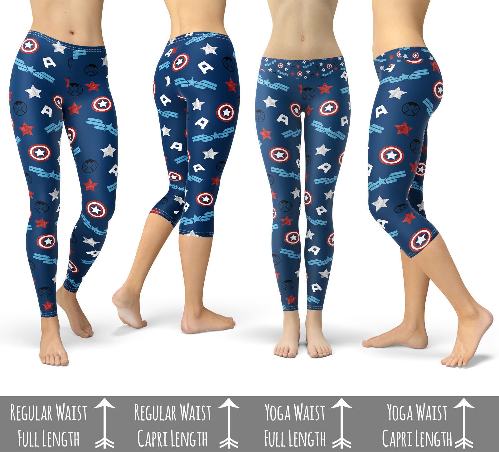 Image of American Superhero - Marvel Captain America Leggings in Capri Or Full Length, Sports | Yoga Winter Styles Sizes Xs Xl