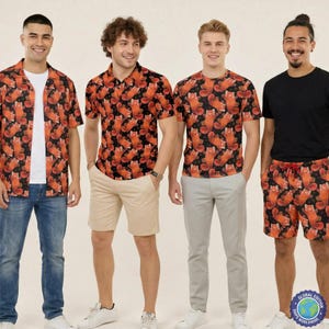 Peut inclure: Une collection de vêtements avec un motif répétitif de pandas roux sur fond noir, comprenant une chemise à manches courtes, un polo, un t-shirt à col rond et un short à cordon, associés à divers pantalons et baskets.