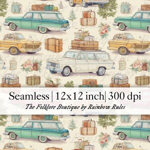 Autos, maletas y adornos de viaje vintage - Papel digital premium con patrón sin costuras, descarga instantánea EXCLUSIVO LIMITADO A 10