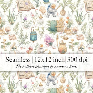 Whimsical Astronaut Botanist, Potions & Garden Curiosities - Seamless Pattern Premium Digital Paper Instant Download EXCLUSIVE LIMITED TO 10
