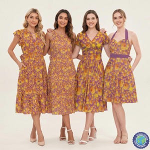 May include: Four women in purple dresses with a yellow floral design. The dresses vary in style, featuring a halter neck, V-neck, and sleeveless options. The dresses are knee-length and worn with heels.