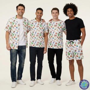 May include: Four individuals wearing clothing featuring a repeating Toy Story character print. The outfits include a white short-sleeve button-down shirt, a white polo shirt, a white t-shirt, and white shorts with a black drawstring waist.