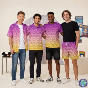 May include: Four individuals wearing clothing featuring a purple, pink, and yellow geometric triangular pattern. The items include a short-sleeved button-down shirt, a polo shirt, a crew-neck t-shirt, and a pair of drawstring shorts with the same print.
