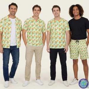 May include: Four outfits featuring a repeating orange bird pattern on light green fabric. The collection includes a short-sleeve button-down shirt, a polo shirt, a crew-neck t-shirt, and elastic-waist shorts, all paired with various trousers.