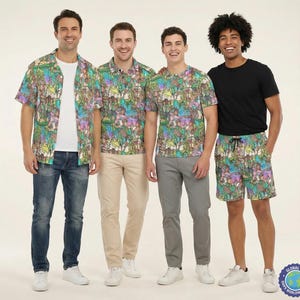 Peut inclure: Quatre hommes présentent différents styles de chemises et de shorts. Les vêtements arborent un imprimé tropical coloré. Les styles incluent une chemise boutonnée, un polo, un t-shirt à manches courtes et un short de plage à poches. L'image comprend également une illustration de dessin animé.