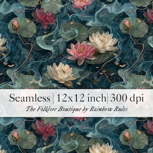 May include: Seamless floral pattern with water lilies in pink and white, green lily pads, and blue water. The text "Seamless | 12x12 inch | 300 dpi" is displayed.