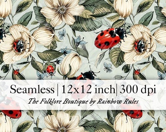 Ladybug Floral Seamless Pattern - Vintage Style Digital Paper (12x12", JPG)