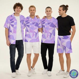 May include: A collection of apparel featuring a purple and lavender geometric triangle pattern. The set includes a short-sleeve button-down shirt, a polo shirt, a crew-neck t-shirt, and a pair of drawstring shorts, all displaying the same design.