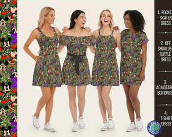 May include: Four dresses featuring a repeating pattern of Mickey Mouse in various costumes, including skeleton and wizard outfits. The styles include a pocket skater dress, an off-shoulder ruffle dress with a black tie, an adjustable sun dress, and a t-shirt dress.