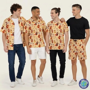 May include: Four individuals wearing clothing featuring a repeating pattern of animated lion and meerkat characters on a light yellow background. The garments include a short-sleeved button-down shirt, a polo shirt, a t-shirt, and matching shorts.