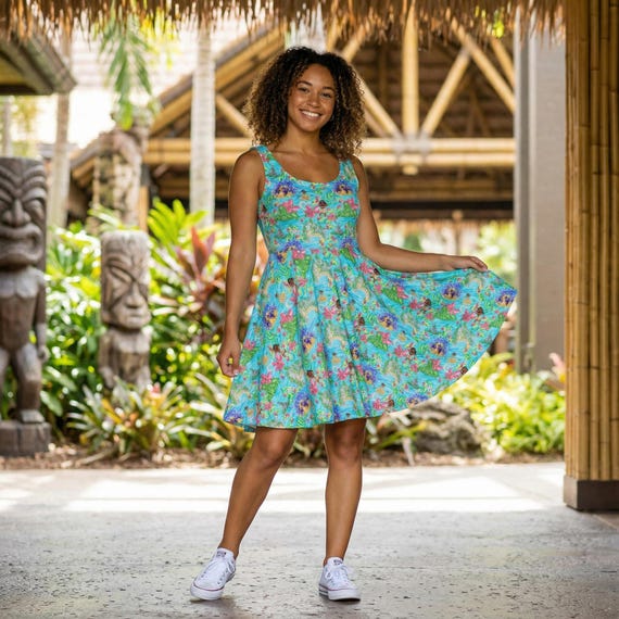 tropical skater dress Tropical Coral Leaf Skater Dress, Summer Botanical Sleeveless Fit & Flare Dress