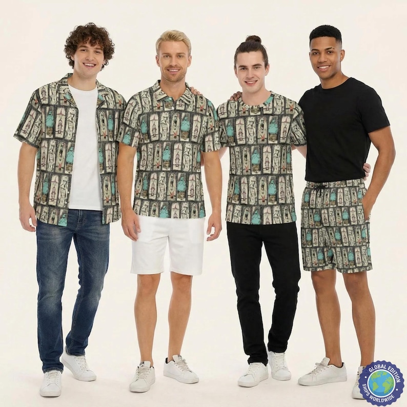 Four young men wearing patterned shirts and shorts stand together, smiling and posing for the camera.