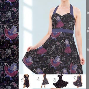 Peut inclure: Une robe midi vintage noire à col licou avec un motif violet et blanc représentant des personnages et des animaux. La robe a un décolleté en cœur et une bretelle bleue. L'image montre également trois autres styles de robes et le texte "Rainbowkules.com".