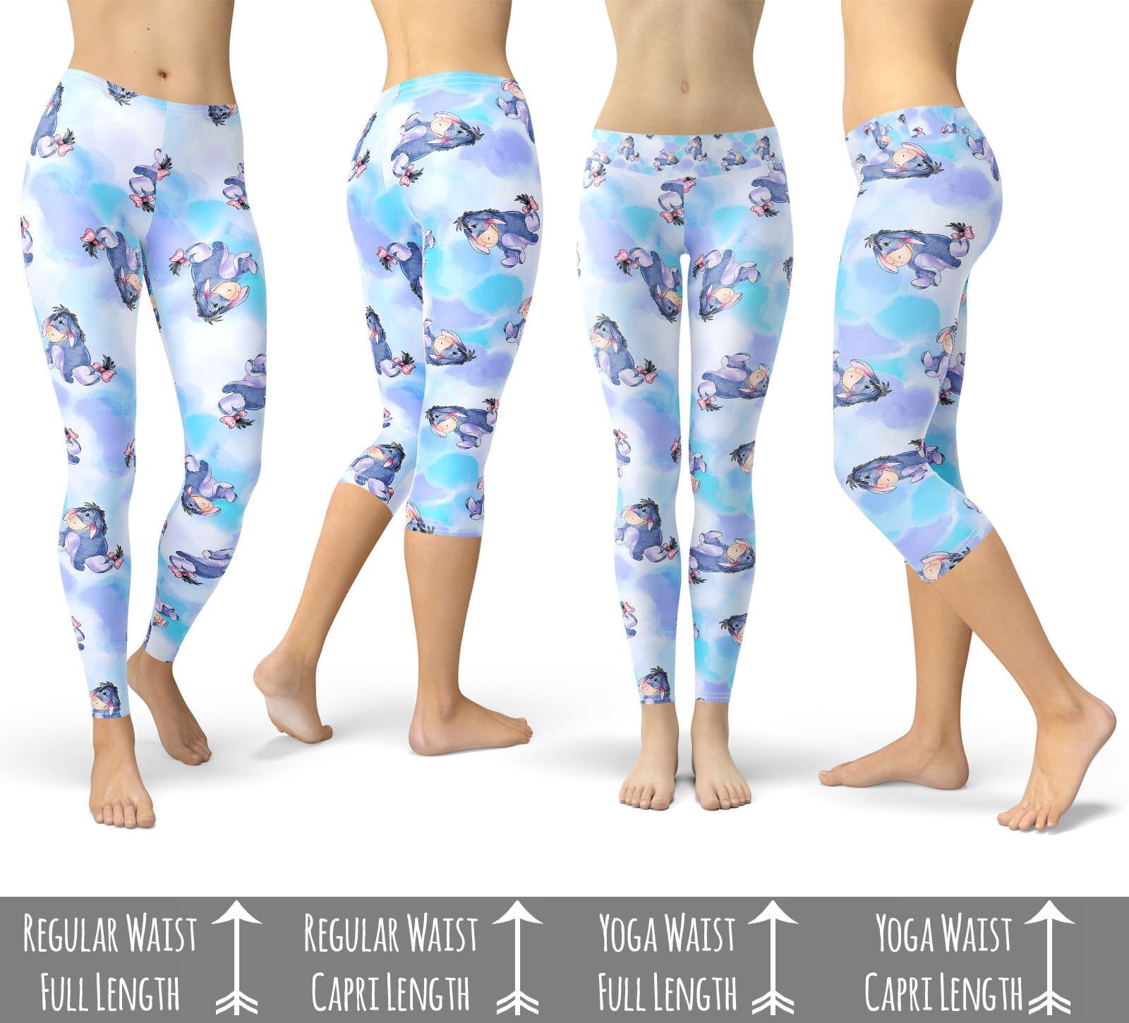 Watercolor Eeyore Theme Park Inspired Leggings in Capri or Full Length,  Sports Yoga Winter Styles in Sizes XS 5XL 