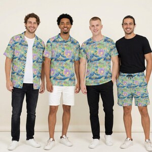 May include: A collection of apparel featuring a vibrant, multi-colored floral and botanical print. The set includes a short-sleeved button-down shirt, a polo shirt, a crew-neck t-shirt, and drawstring shorts, all showcasing the same colorful pattern.