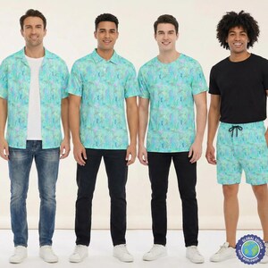 May include: Four people modeling a variety of clothing items. The clothing includes a short-sleeved button-down shirt, a polo shirt, a crew neck t-shirt, and shorts. All the shirts and shorts have a teal and blue pattern. The fourth person is wearing a black t-shirt.