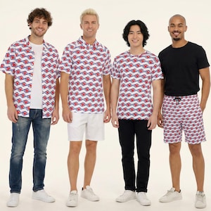 May include: A collection of apparel featuring a repeating pattern of red and blue wave-like shapes on a white background, including a short-sleeved button-down shirt, a polo shirt, a crew-neck t-shirt, and a pair of drawstring shorts.