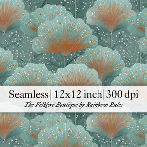 Könnte beinhalten: Nahtloses Muster mit stilisierten fächerförmigen Blättern in Türkis und Orange, mit weißen Akzenten. Das Design enthält den Text "Seamless | 12x12 inch | 300 dpi" und "The Folklore Boutique by Rainbow Rules".