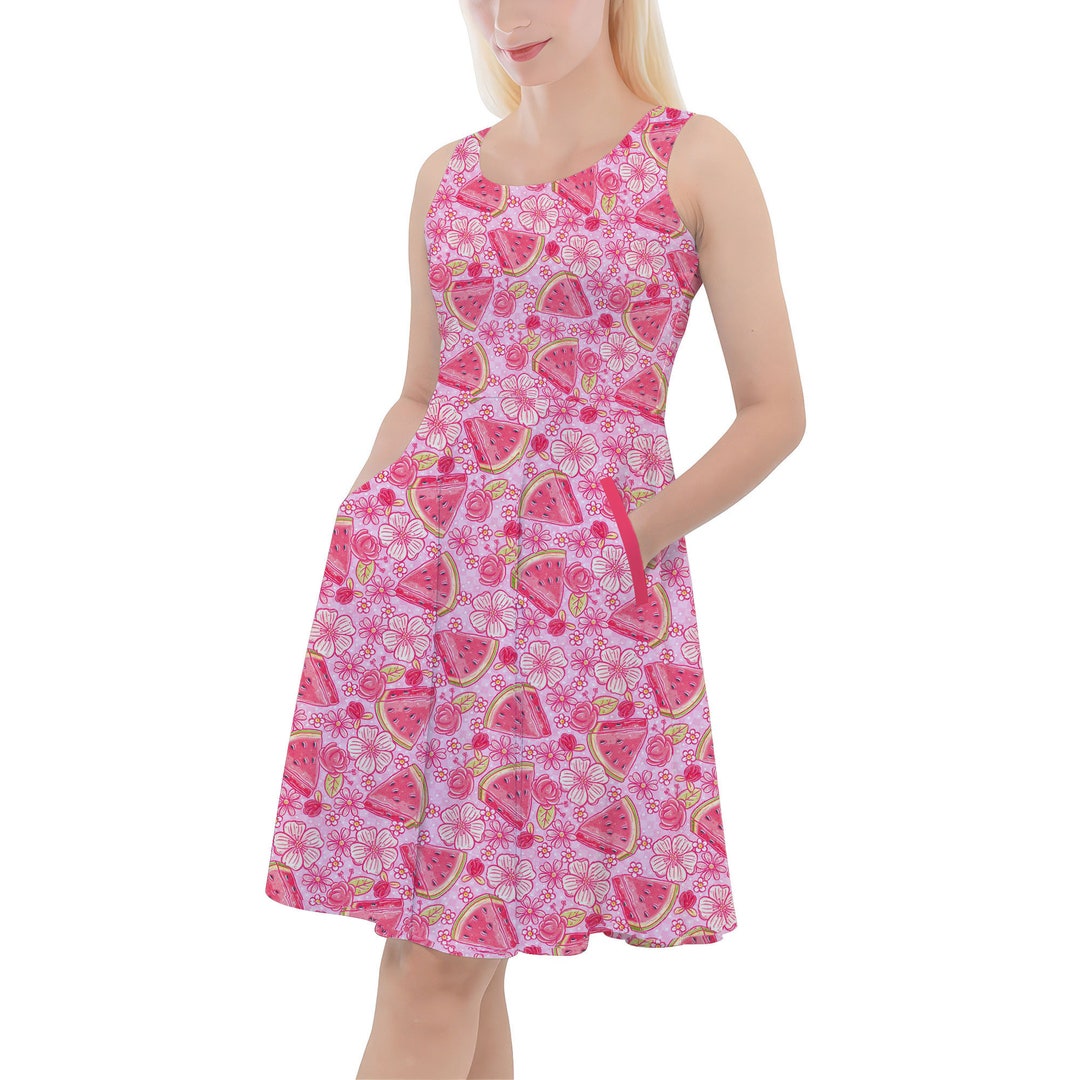 Summer Fruits Watermelon Handdrawn Art Skater Dress With Pockets in Xs