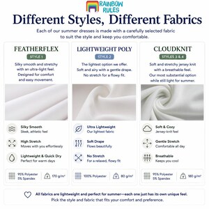 The image is a collection of three different summer dresses, each made with a carefully selected fabric to suit the style and keep the wearer comfortable.