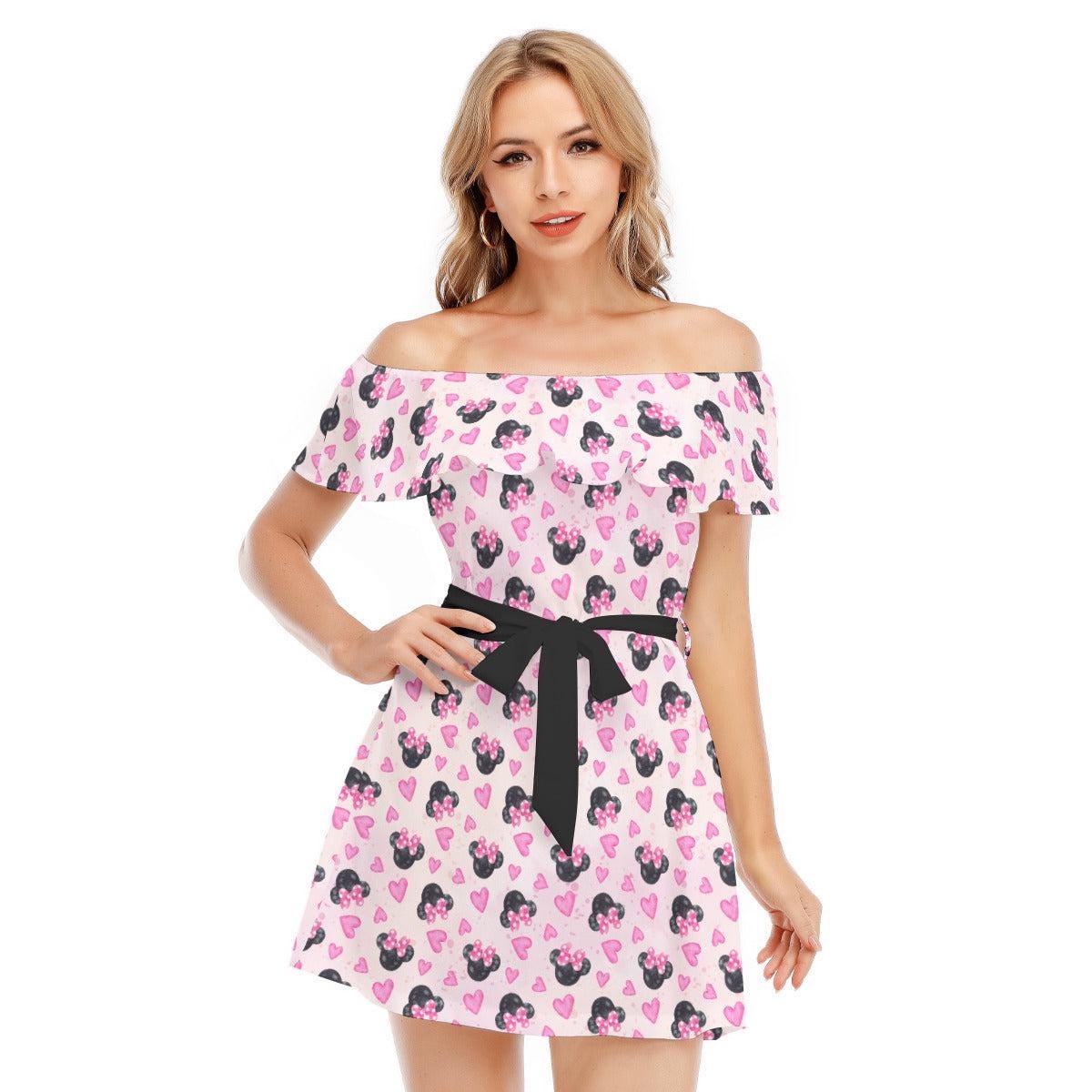 Discover Watercolor Minnie Mouse In Pink - Disney Inspired Summer Off-shoulder Ruffle Dress, Mother's Day Gift