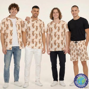 May include: A collection of clothing featuring a repeating pattern of brown cartoon rabbits on a light peach background. The set includes a short-sleeved button-down shirt, a polo shirt, a crew-neck t-shirt, and a pair of drawstring shorts.
