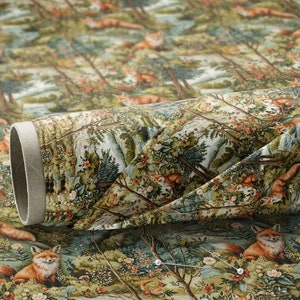 May include: A fabric roll with a repeating pattern of foxes in a forest setting. The fabric is green, brown, and white with red foxes and pink flowers.