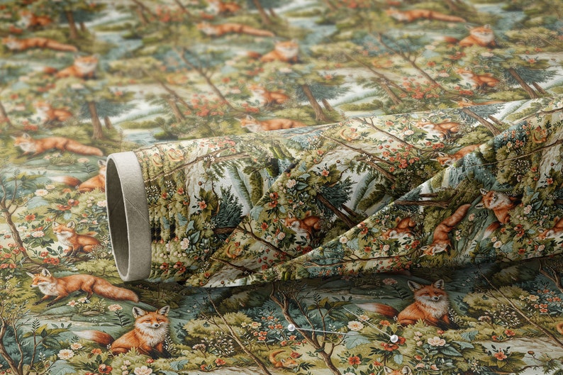 May include: A fabric roll with a repeating pattern of foxes in a forest setting. The fabric is green, brown, and white with red foxes and pink flowers.