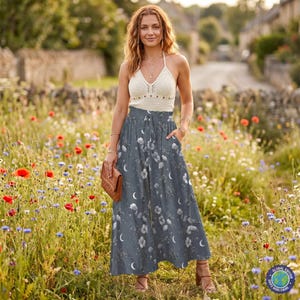 Midnight Blossom Starweave Boho Celestial Palazzo Pants - Womens Ruffled Waist Wide Leg S-5XL
