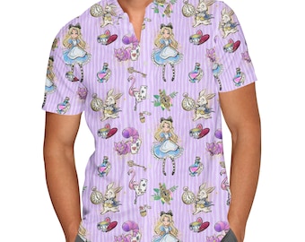 Whimsical Alice And The White Rabbit - Theme Park Inspired Men's Button Down Short-Sleeved Shirt in Xs - 5XL - RUSH AVAIL!