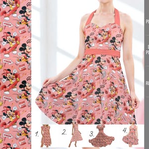 Op de afbeelding: Een roze halter vintage pocket midi jurk met een Mickey Mouse print. De jurk heeft een halternek, een getailleerd lijfje en een uitlopende rok. De afbeelding toont ook drie andere jurkstijlen. De website rainbowkules.com is zichtbaar.