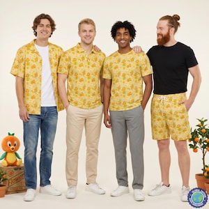 May include: Four outfits featuring a yellow button-down shirt with a repeating orange bird pattern, a yellow polo shirt with the same pattern, a yellow t-shirt with the same pattern, and yellow shorts with the same pattern, paired with jeans, khakis, and grey trousers.