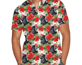 Vader Holiday Christmas Poinsettias - Theme Park Inspired Men's Button Down Short-Sleeved Shirt in XS - 5XL