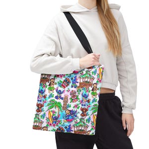 Bright Lilo and Stitch Hand Drawn - Tote Bag, Choose From 3 Sizes, Disney Beach Bag, Tropical Aloha, Travel Day Tote, All Over Print