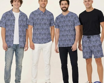 Papel de parede da Mansão Mal-Assombrada - Camisa social masculina inspirada na Disney, shorts, polo e camiseta nos tamanhos PP a 8XG