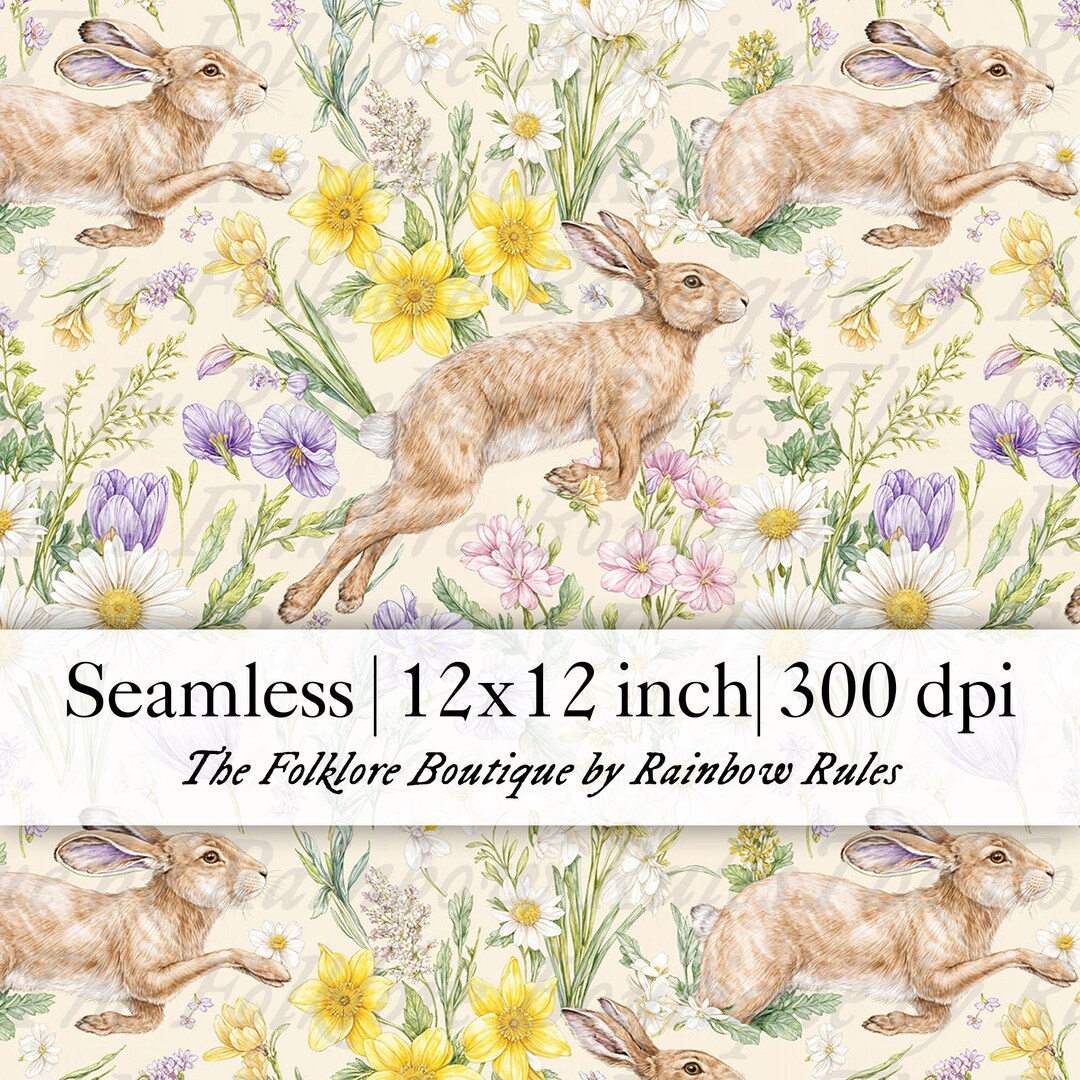 Spring Rabbits and Wildflowers - Seamless Pattern Premium Digital Paper ...
