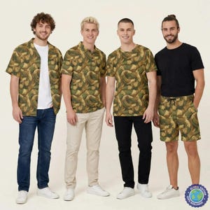 May include: Four items of clothing featuring a green and brown snake skin pattern: a short-sleeve button-down shirt worn over a white t-shirt, a polo shirt, a crew-neck t-shirt, and a pair of drawstring shorts with a black t-shirt.