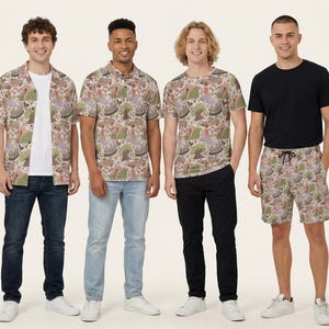 May include: Four outfits featuring a repeating pattern of trees, mushrooms, and foliage in muted earth tones. The collection includes a short-sleeve button-down shirt, a polo shirt, a crew-neck t-shirt, and drawstring shorts, paired with various jeans and pants.